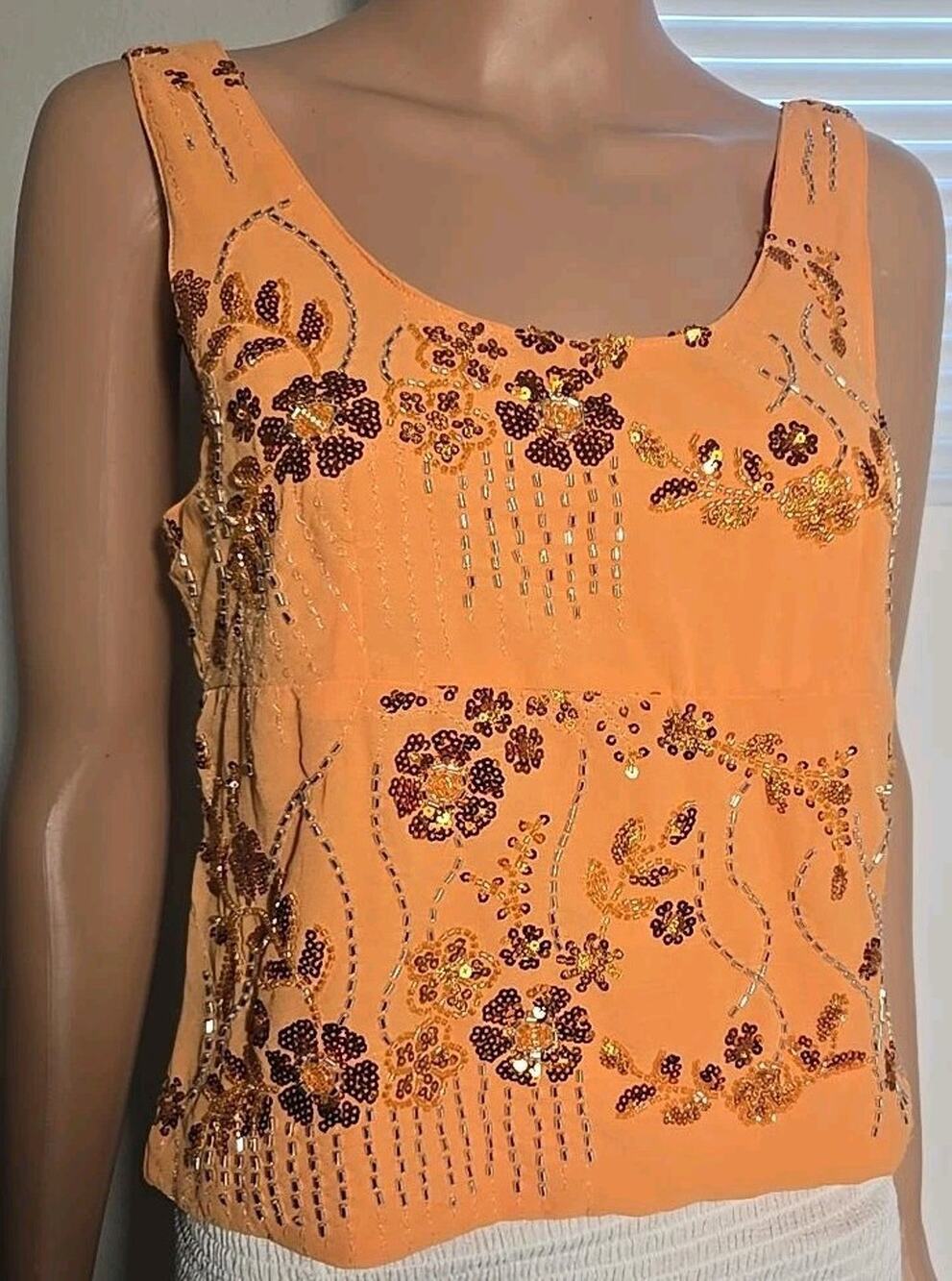 Orange Sequin Beaded Floral Tank Top Size S Boho Y2K Embellished Sleeveless #383